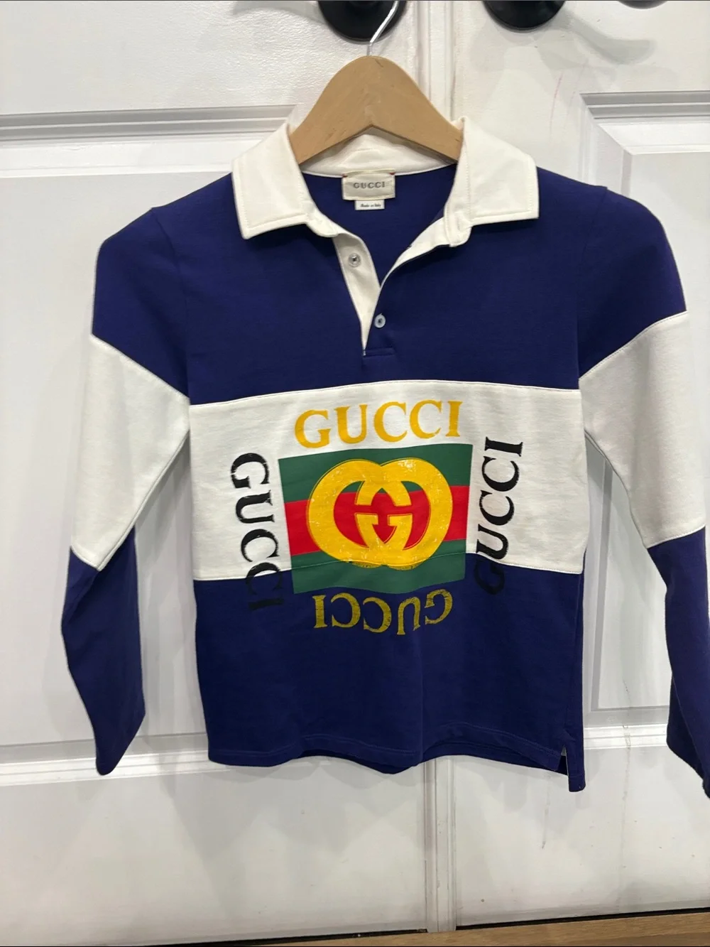 Gucci Kids Navy White Long-Sleeve Logo Rugby Polo with Iconic Stripe
